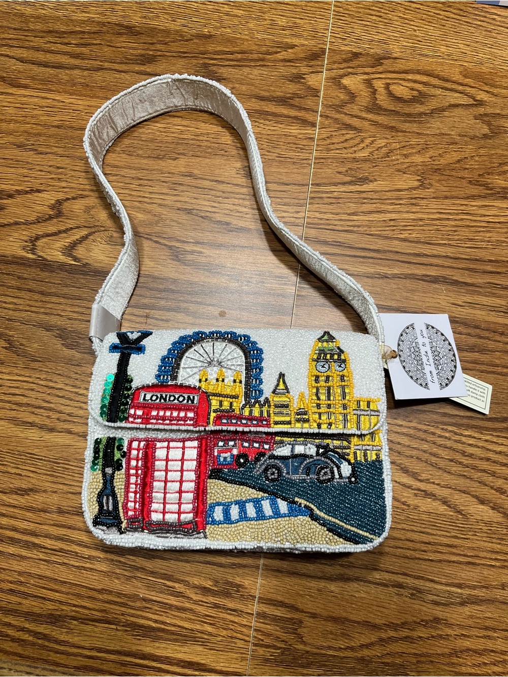 Beaded London Scene Crossbody Bag in White and Multicolor